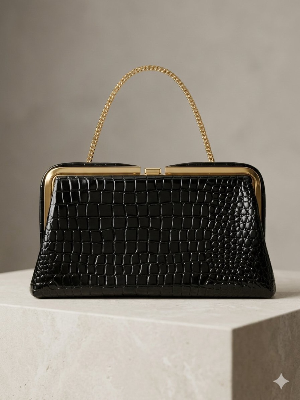 Vintage Black Croc Embossed Frame Clutch – Elongated East-West Evening Bag Gold